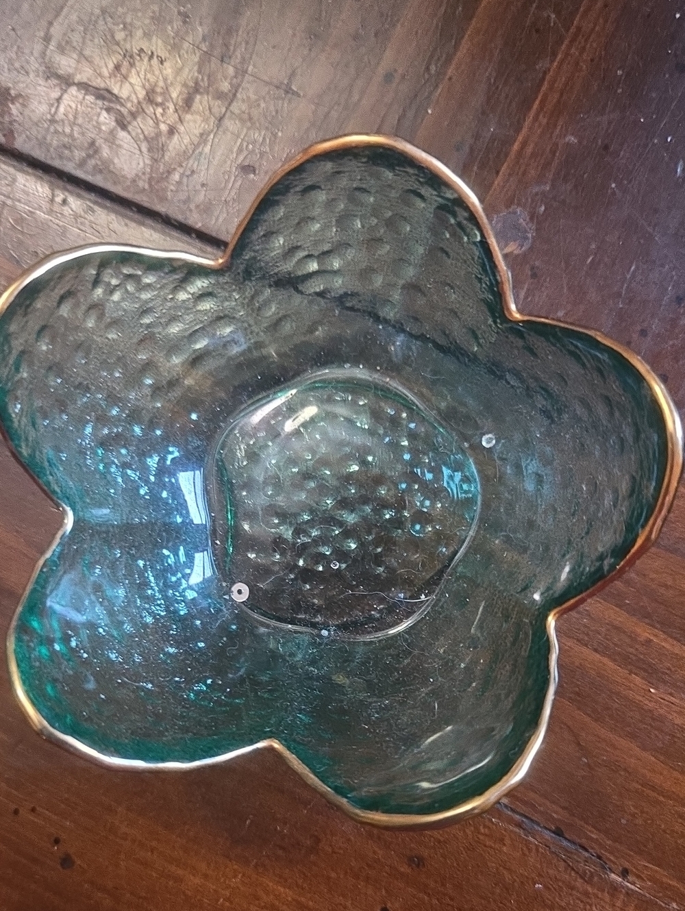 Small Teal Glass Flower Ring Dish Trinket With Gold Edges